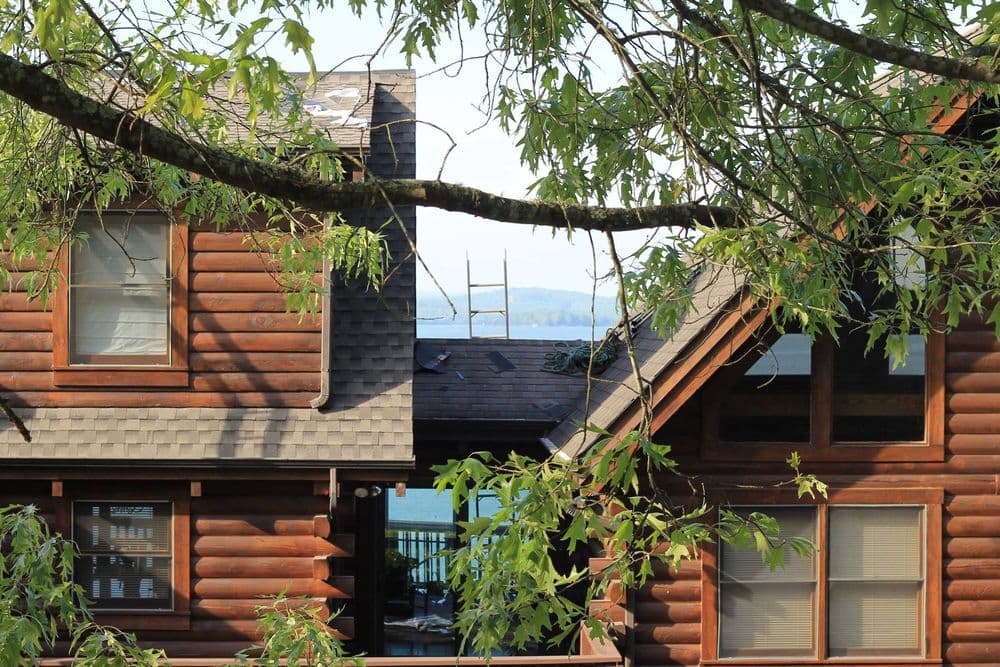 Log cabin with a scenic view, framed by leafy branches and a clear sky in the background.
