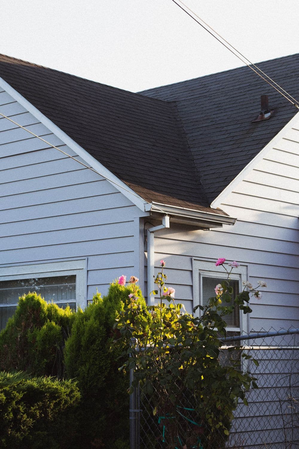 White house corner with sloped roof, greenery, and pink roses in a sunny garden.
