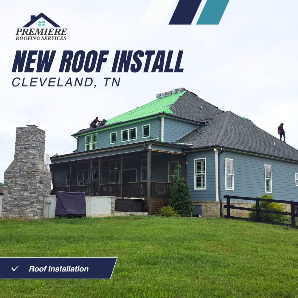 Roof installation in Cleveland, TN by Premiere Roofing Services with workers on the roof.